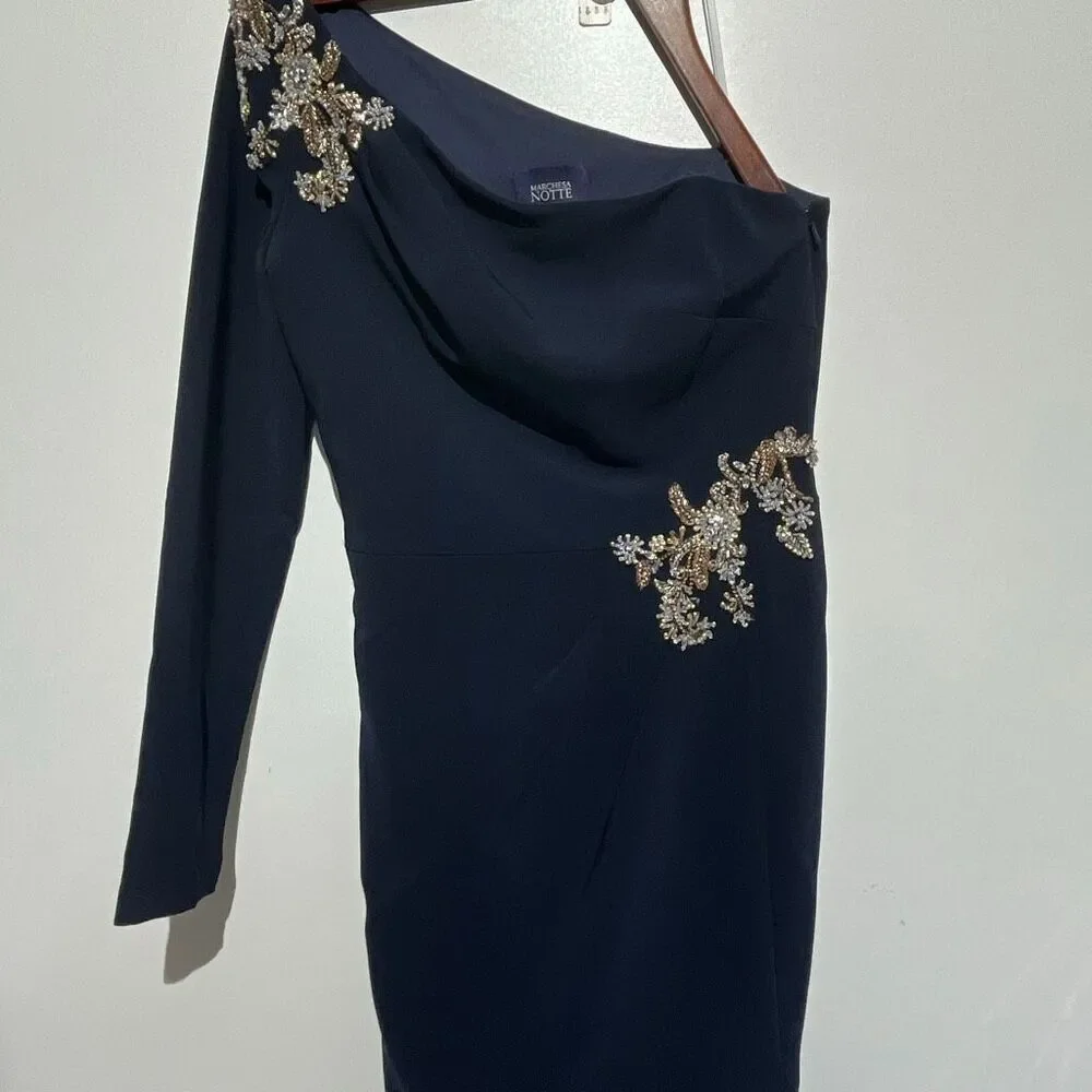Marchesa Notte Navy One Shoulder Beaded Stretch Crepe Long Gown Size 2‎ NWT